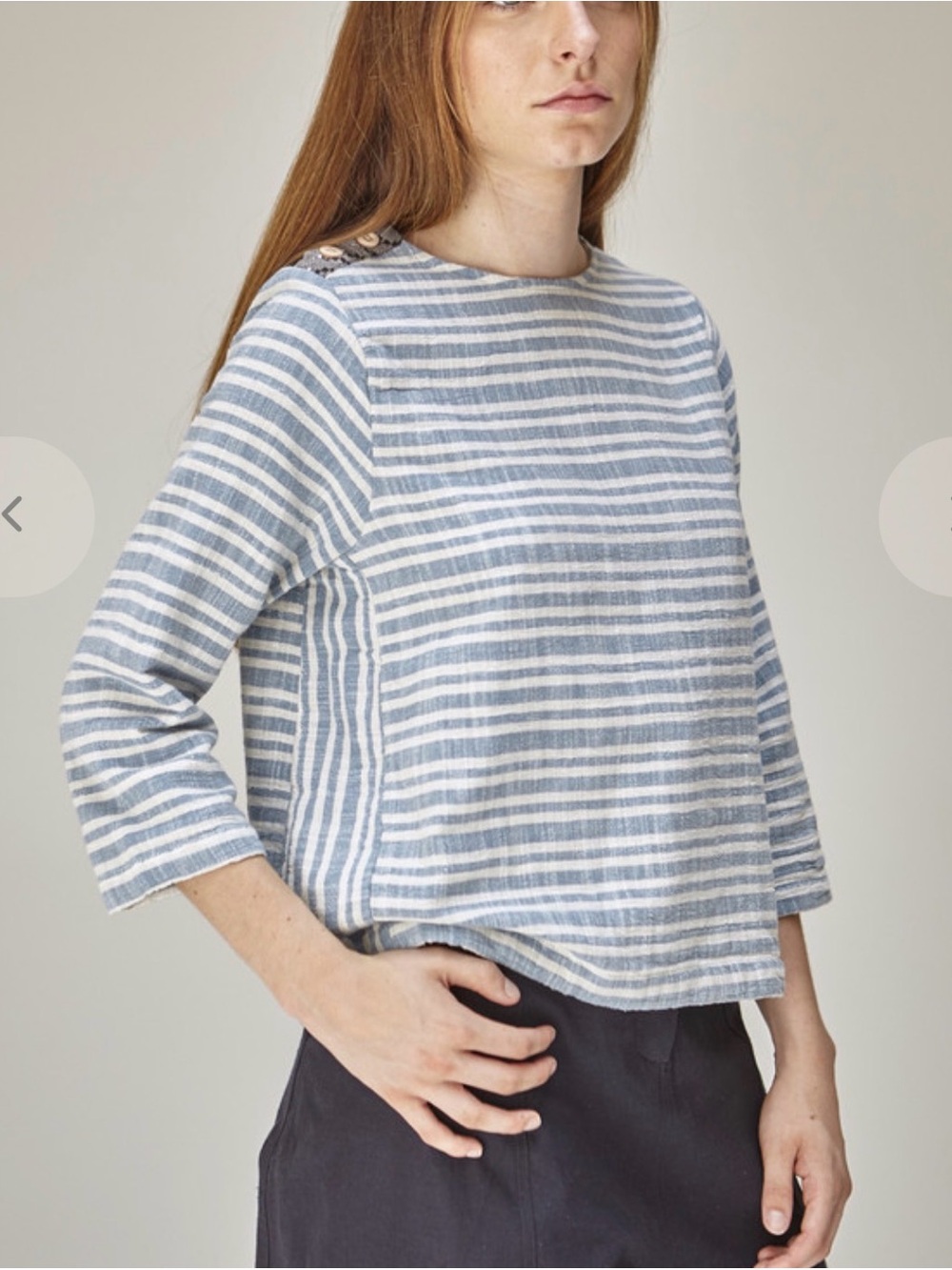 Ace & Jig Dockside Striped 100% Cotton Top 3/4 Sleeve Button Detail Blue Rail